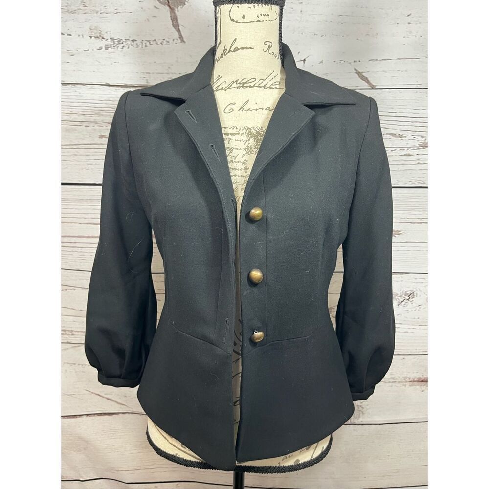 Chic Black Blazer Women's Tailored Fit Puffed Sleeve Button Front‎ Jacket